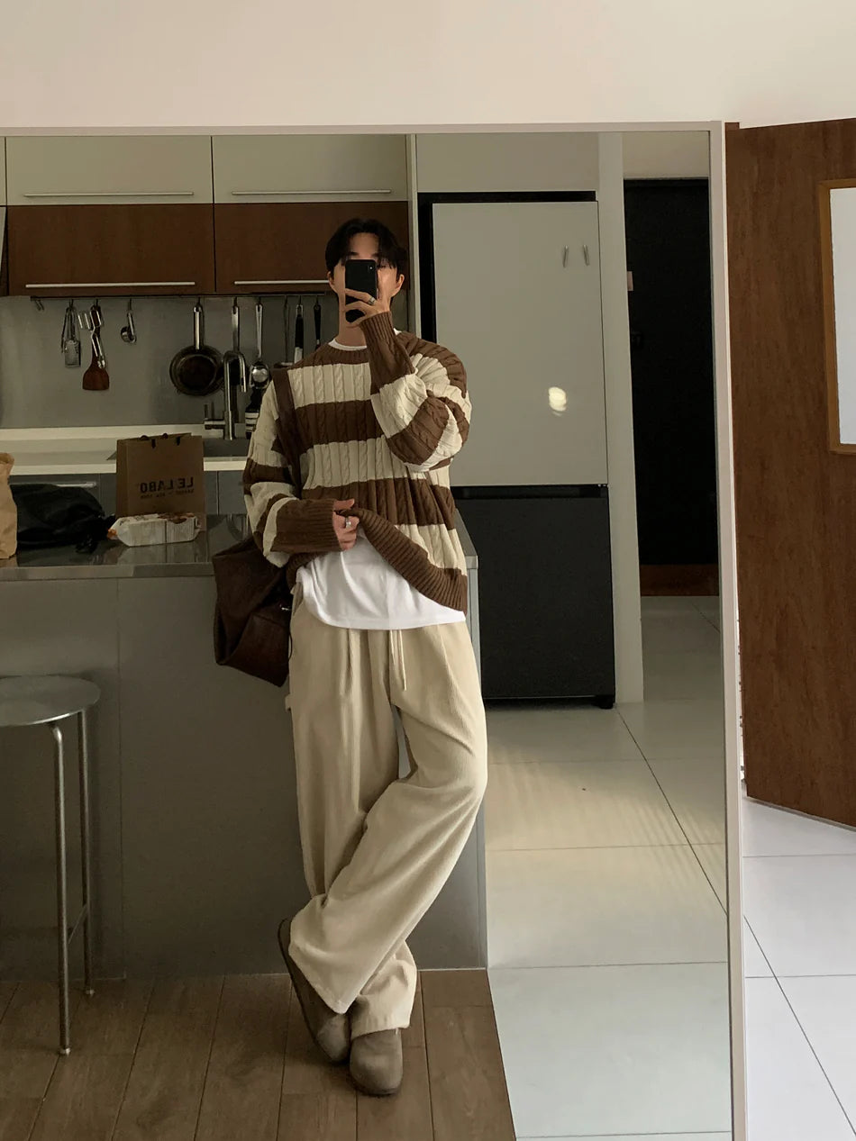 麻花紋拼色間條針織衫