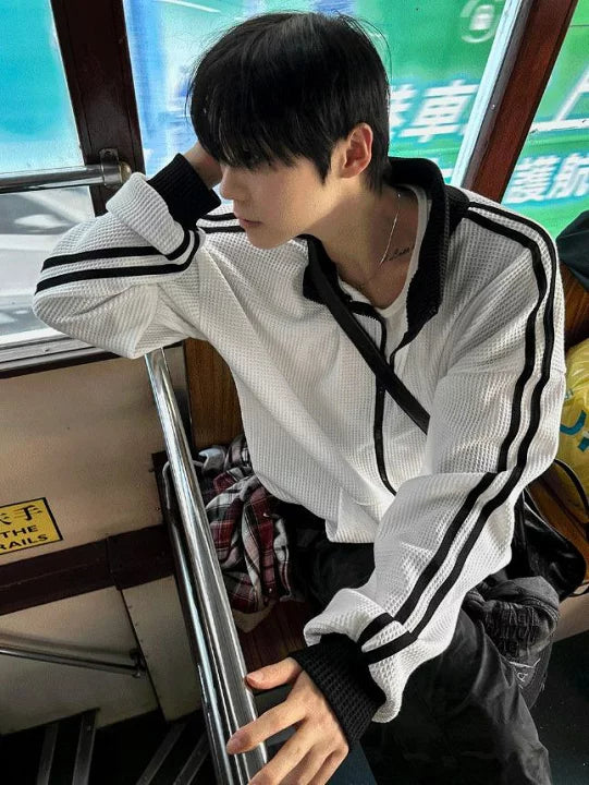 店主推薦! 撞色華夫格條紋外套｜2色入