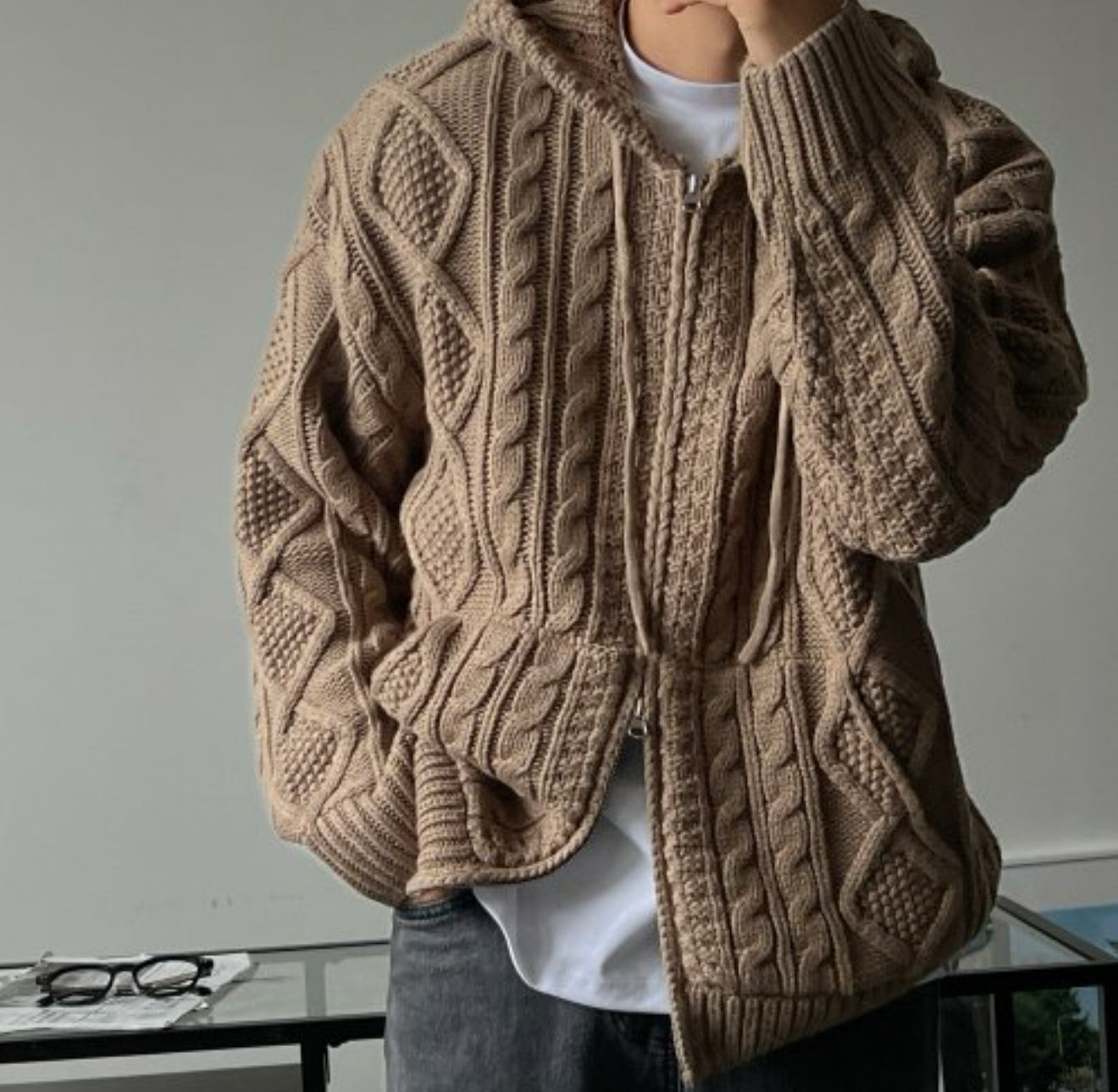 [軟糯手感] 扭紋連帽針織拉鍊外套