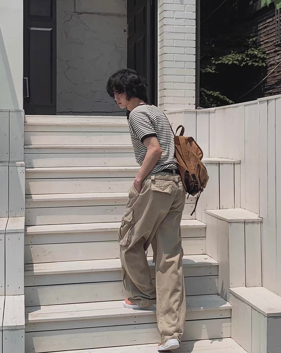 日系撞色條紋亨利領短袖｜2色入