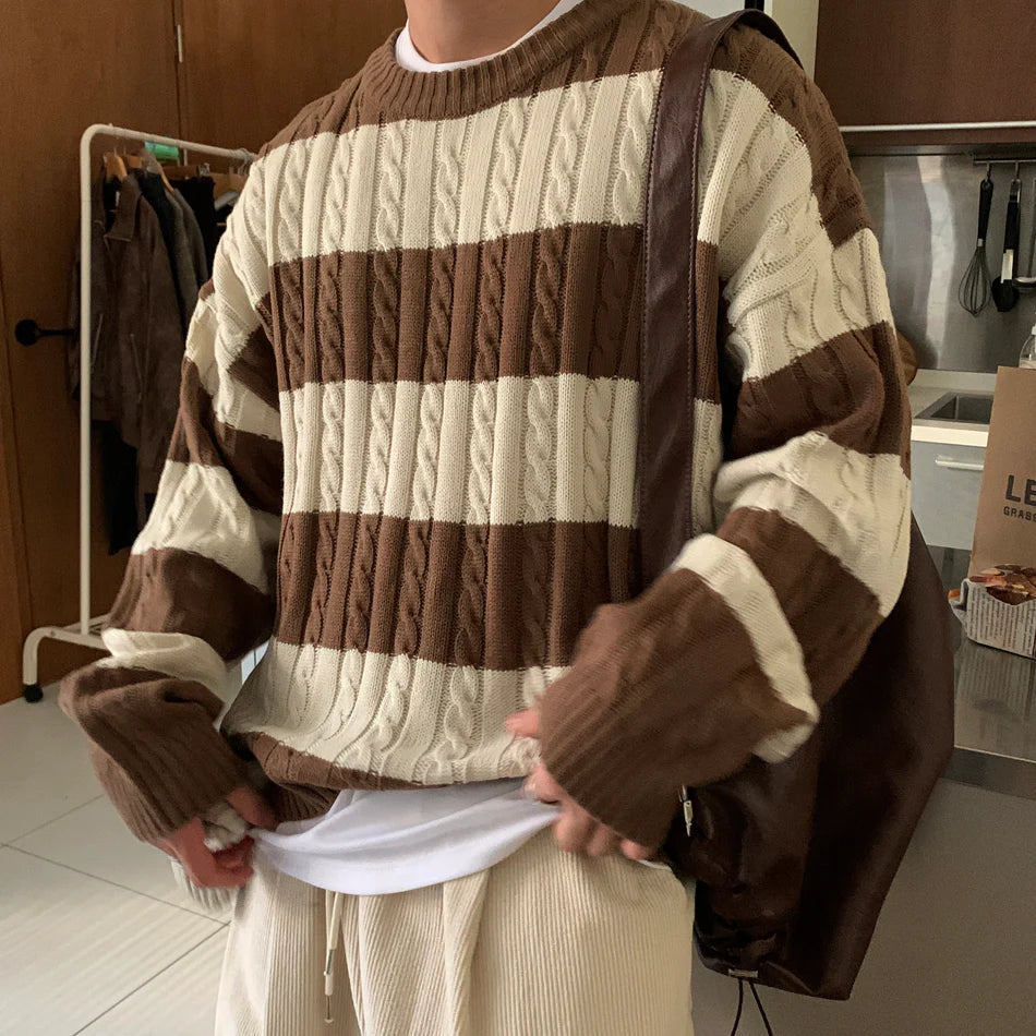 麻花紋拼色間條針織衫