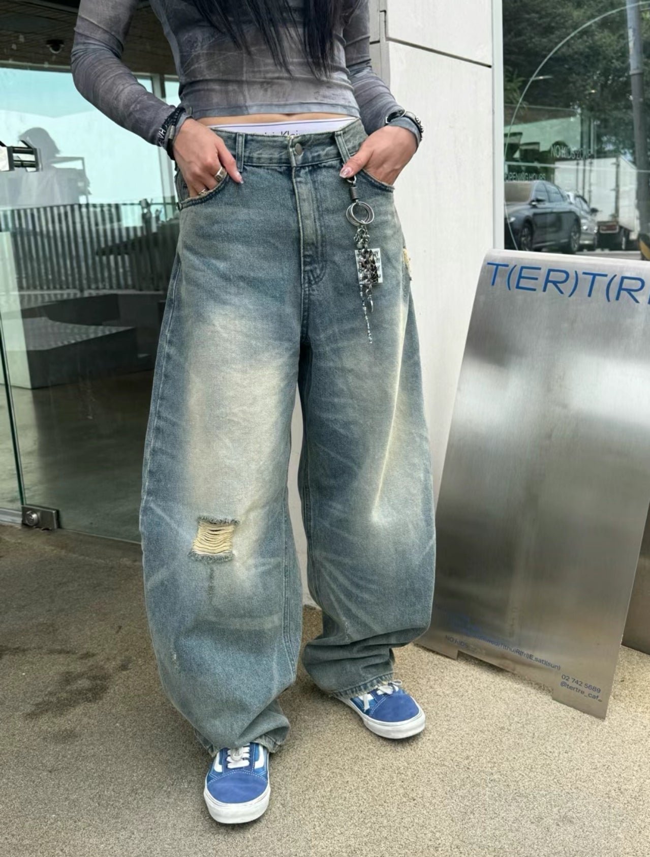 復古水洗破洞Barrel Jeans