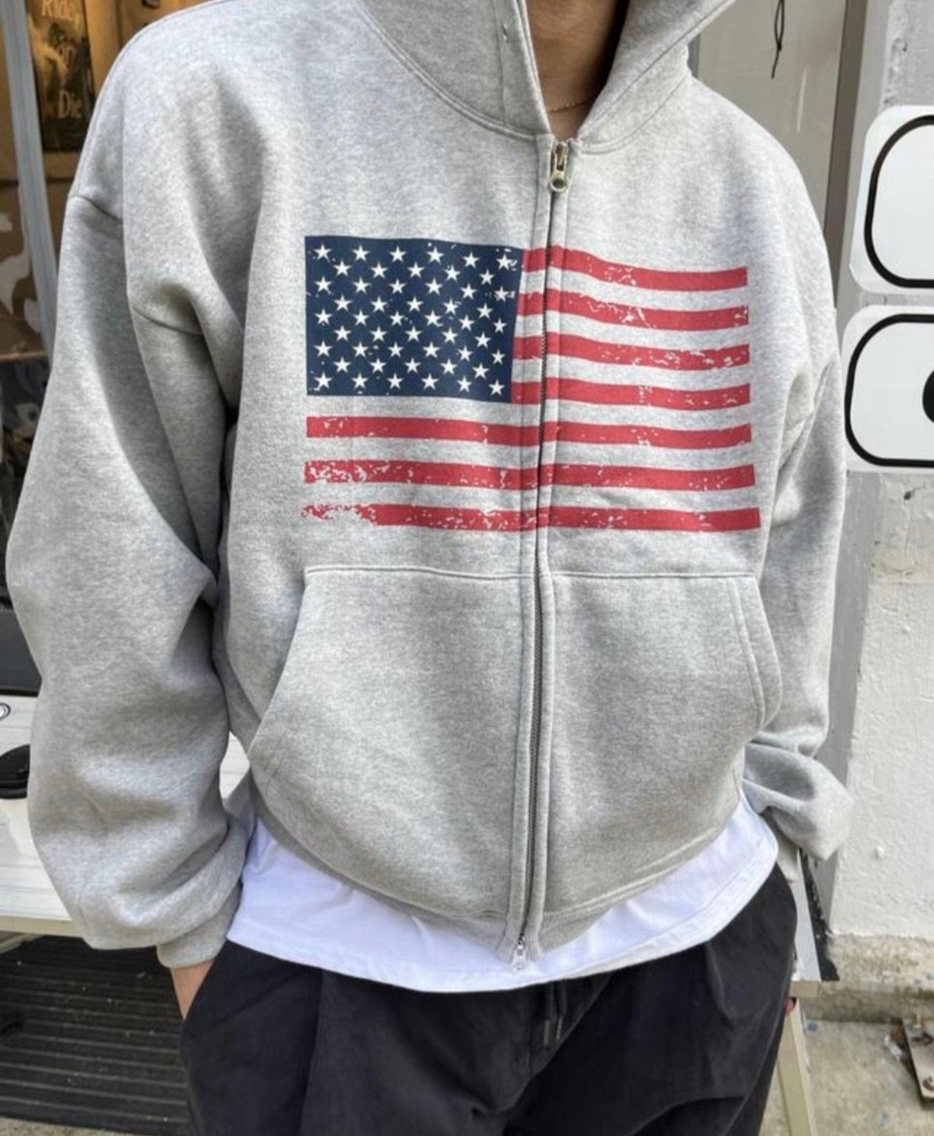 短版美國國旗印花雙頭拉鏈外套