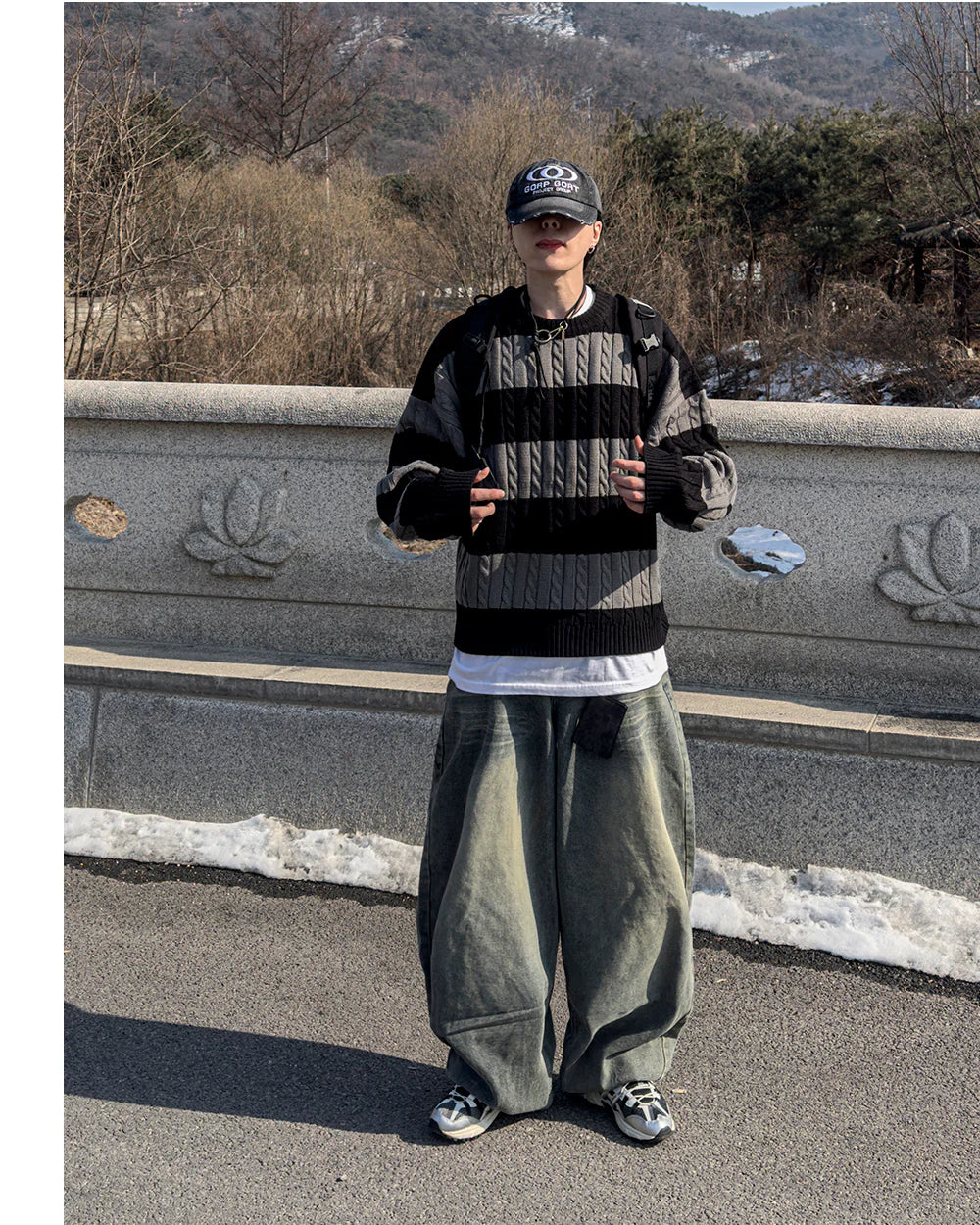 麻花紋拼色間條針織衫