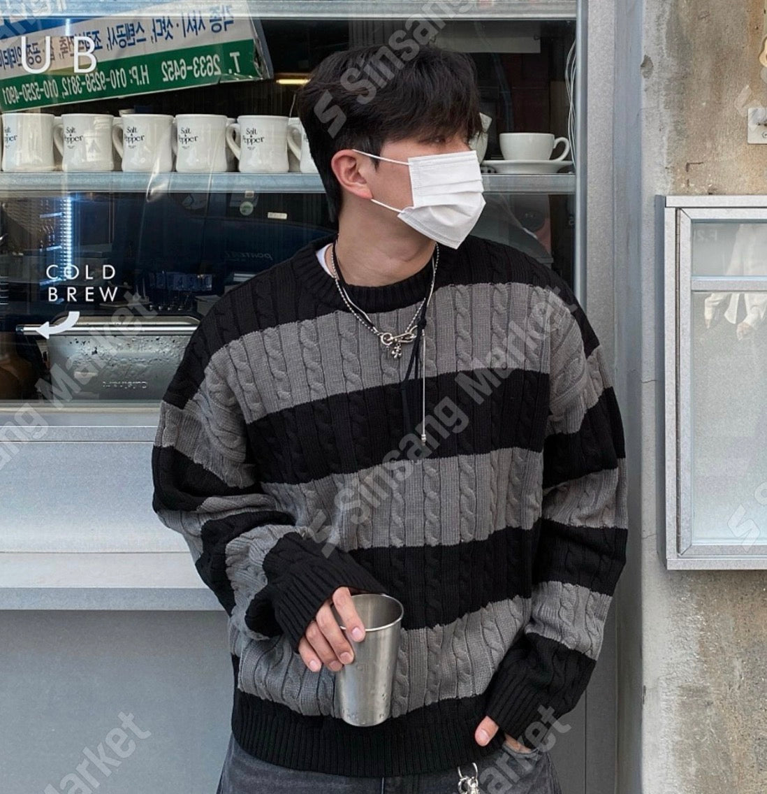 麻花紋拼色間條針織衫