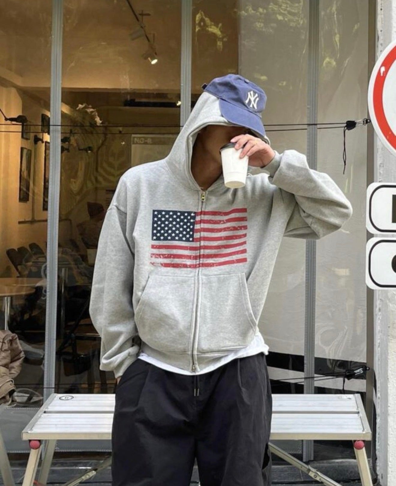 短版美國國旗印花雙頭拉鏈外套