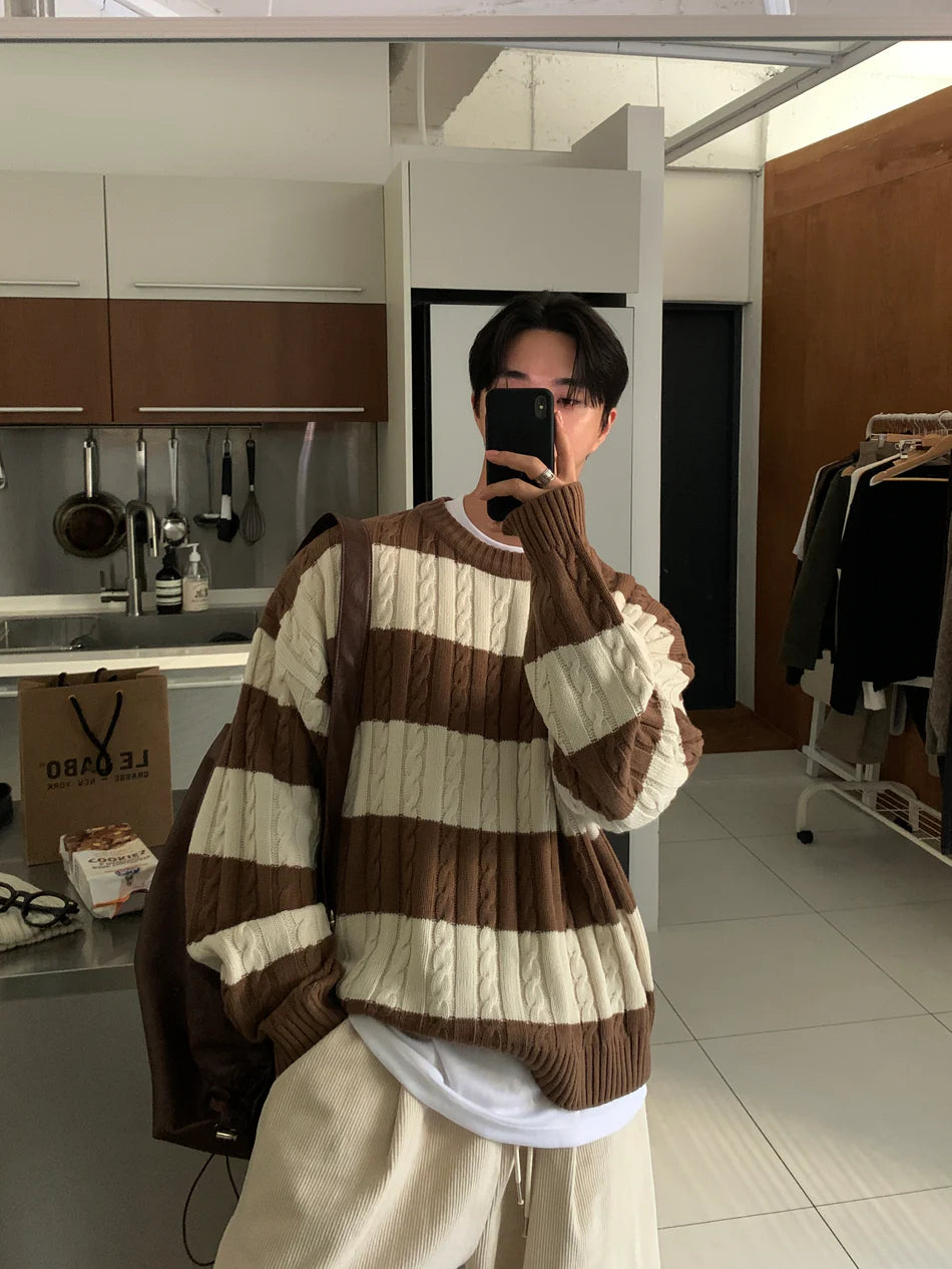 麻花紋拼色間條針織衫