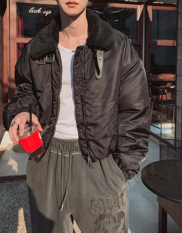 款式超靚！毛絨粒翻領短版拉鏈外套｜2色入