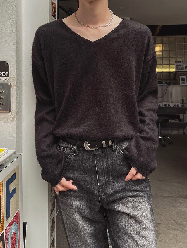 毛絮感！簡約純色V領馬海毛TOP｜4色入