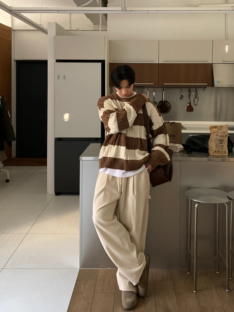 麻花紋拼色間條針織衫