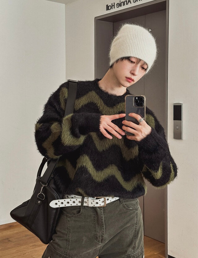 毛絮感！波浪紋寬鬆針織衫｜4色入