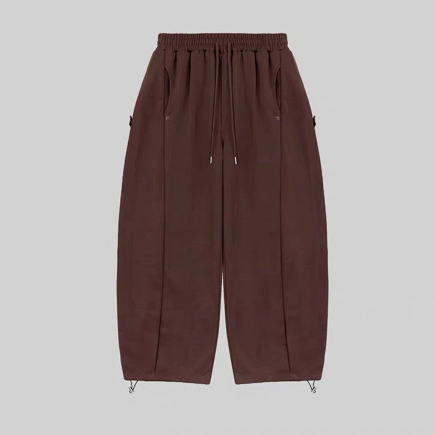 弧形拼接鈕扣闊腳棉褲