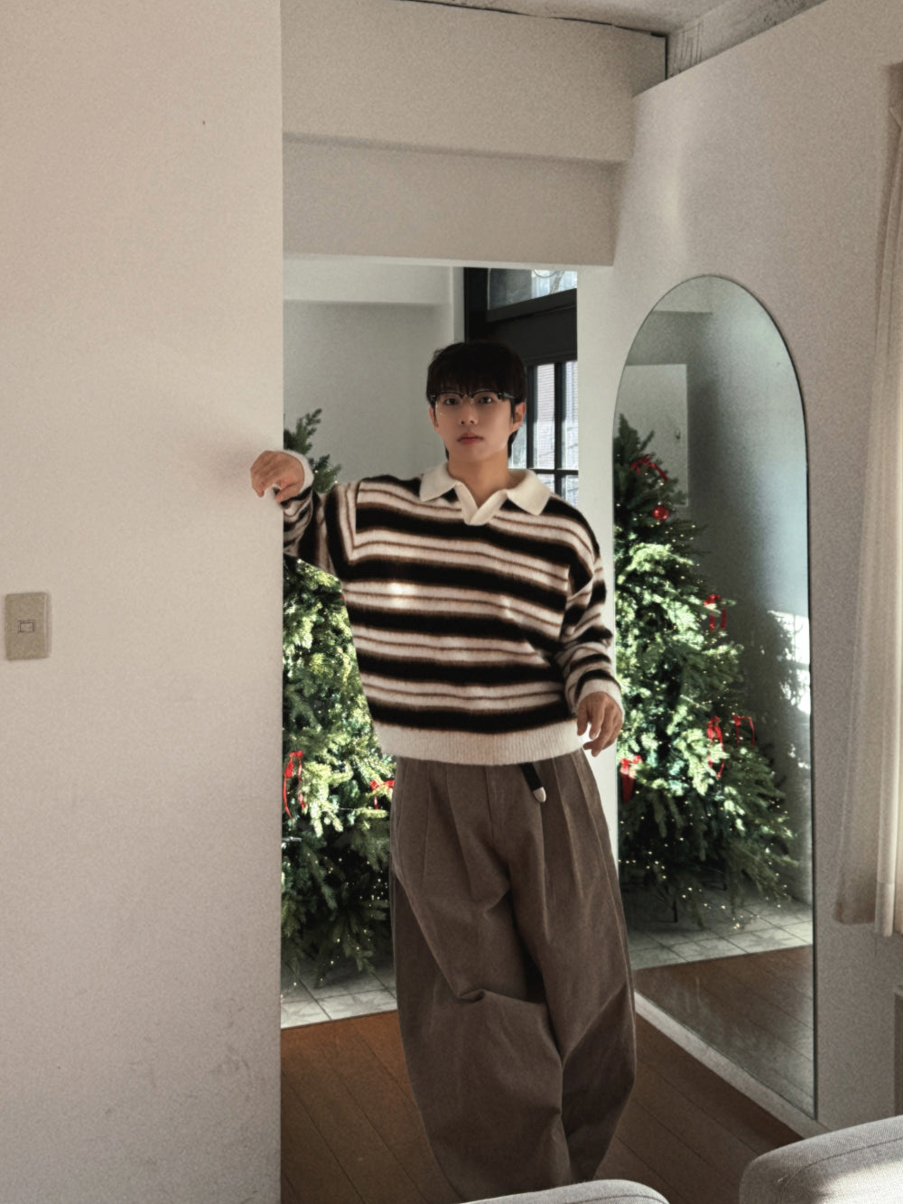 刷毛橫間翻領針織衫｜3色入