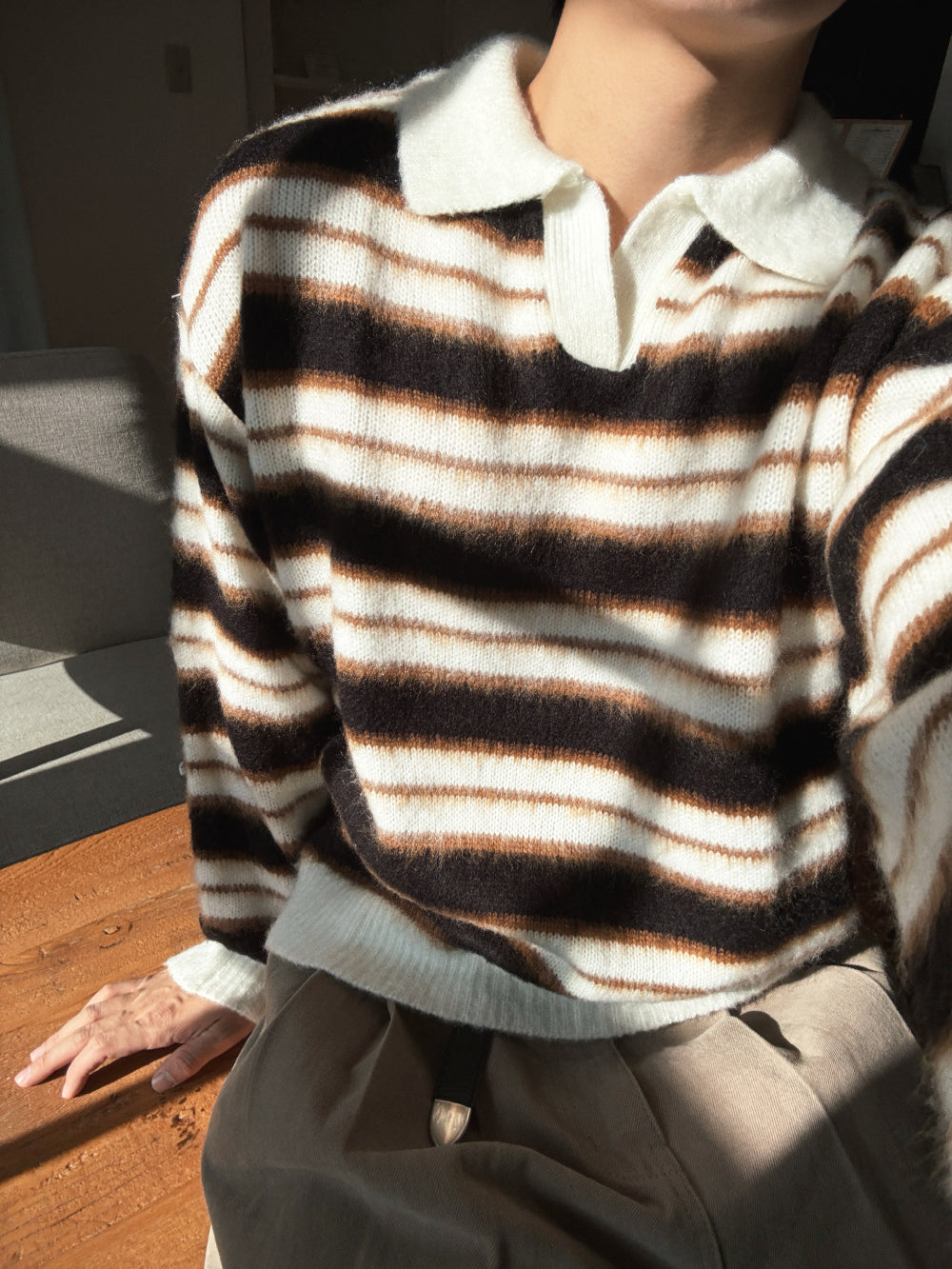 刷毛橫間翻領針織衫｜3色入