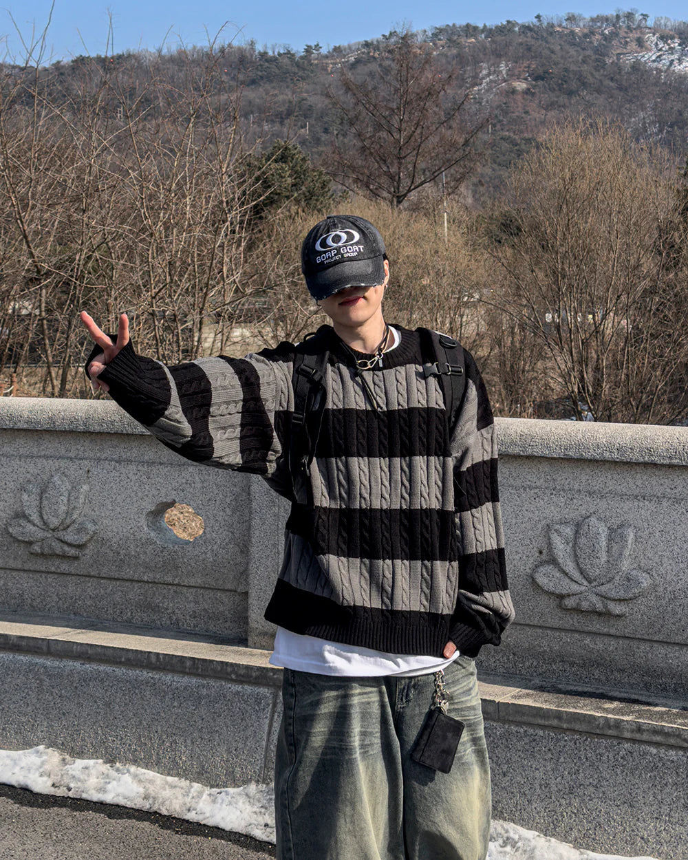 麻花紋拼色間條針織衫