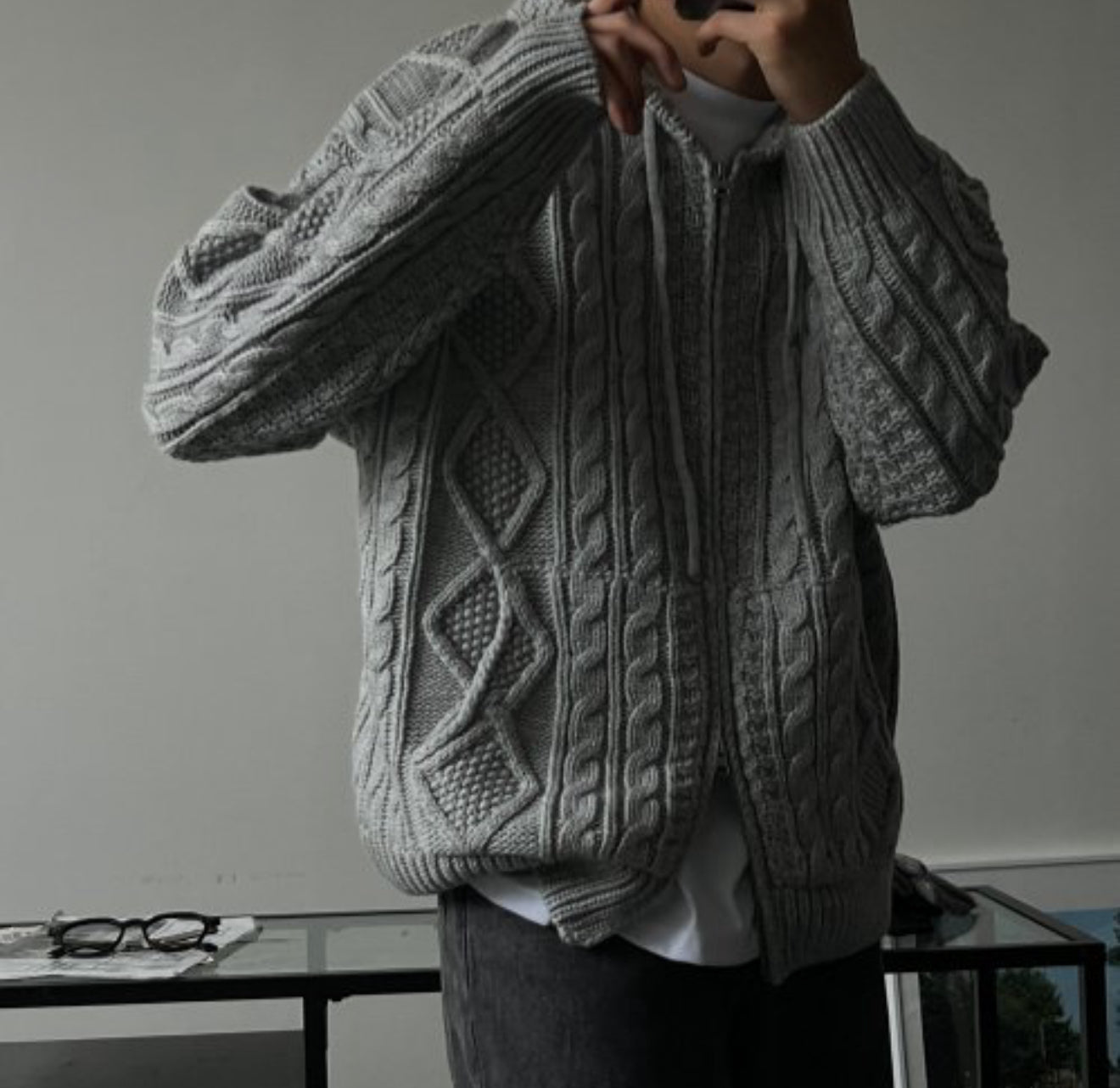 [軟糯手感] 扭紋連帽針織拉鍊外套