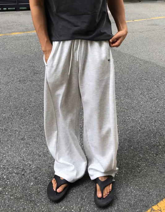 弧形拼接鈕扣闊腳棉褲