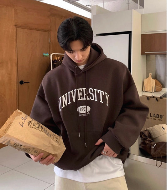 [重磅純棉]University 刺繡連帽衛衣-Brown