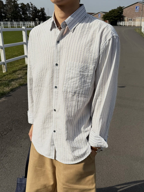 四季皆可穿！泡泡棉短款條紋恤衫｜3色入