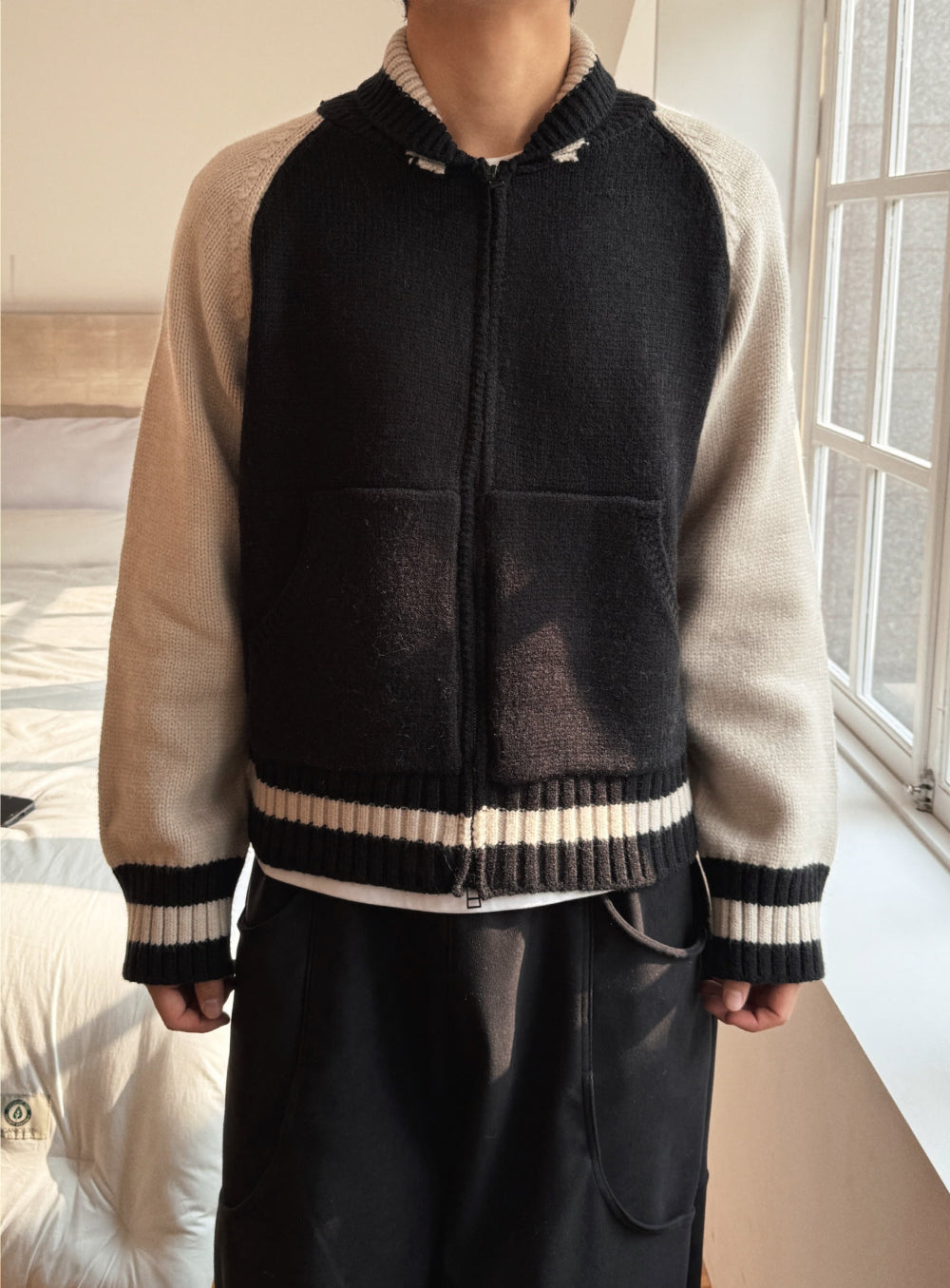 Zip up🧶太陽翻領開胸針織外套｜2色入