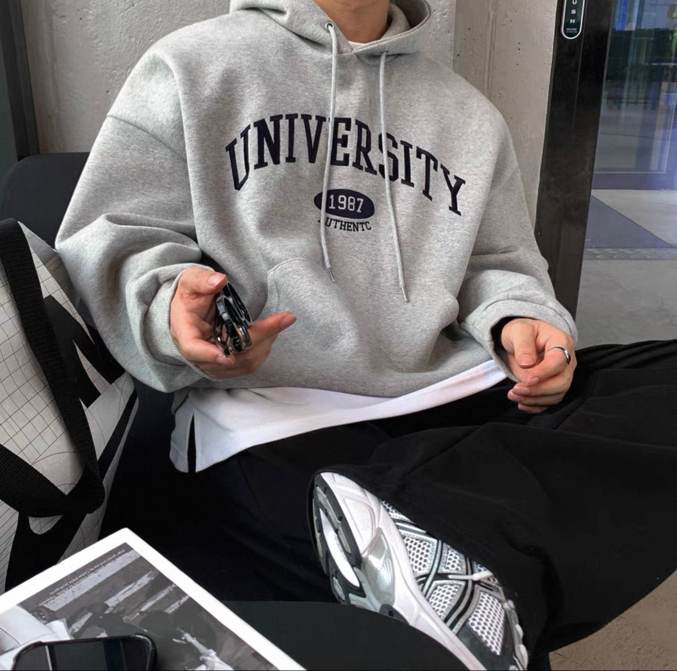 [重磅純棉]University 刺繡連帽衛衣-GREY