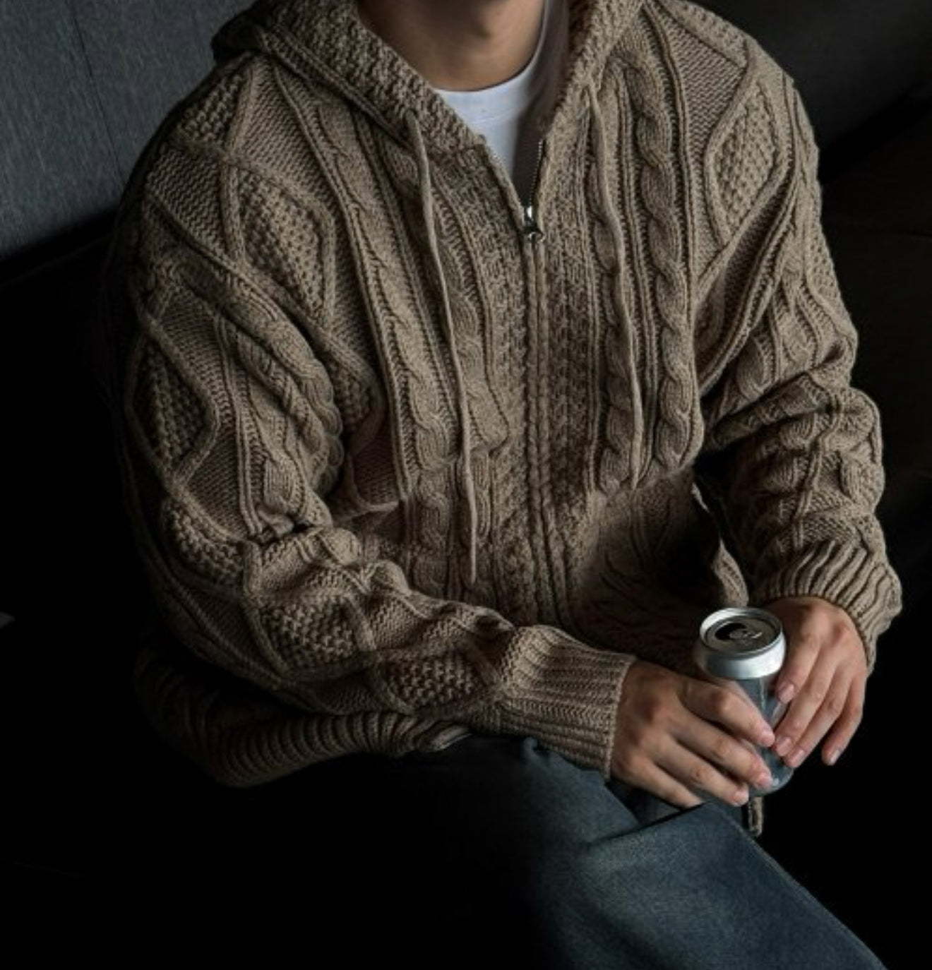 [軟糯手感] 扭紋連帽針織拉鍊外套