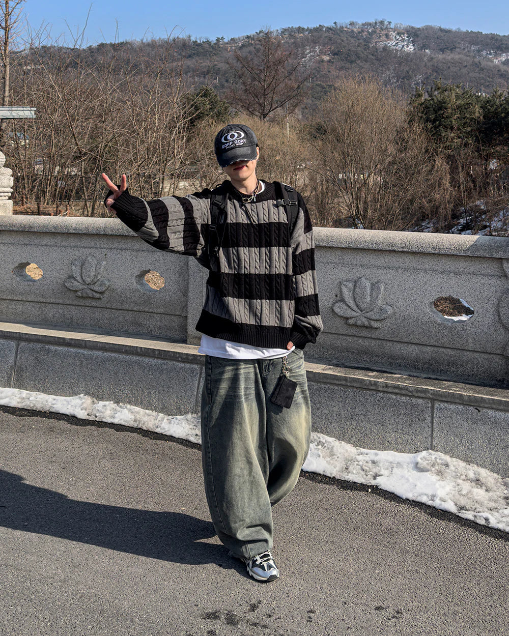 麻花紋拼色間條針織衫