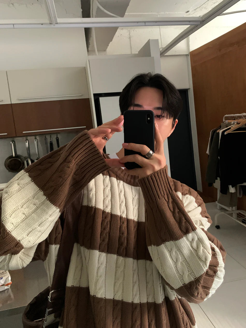 麻花紋拼色間條針織衫