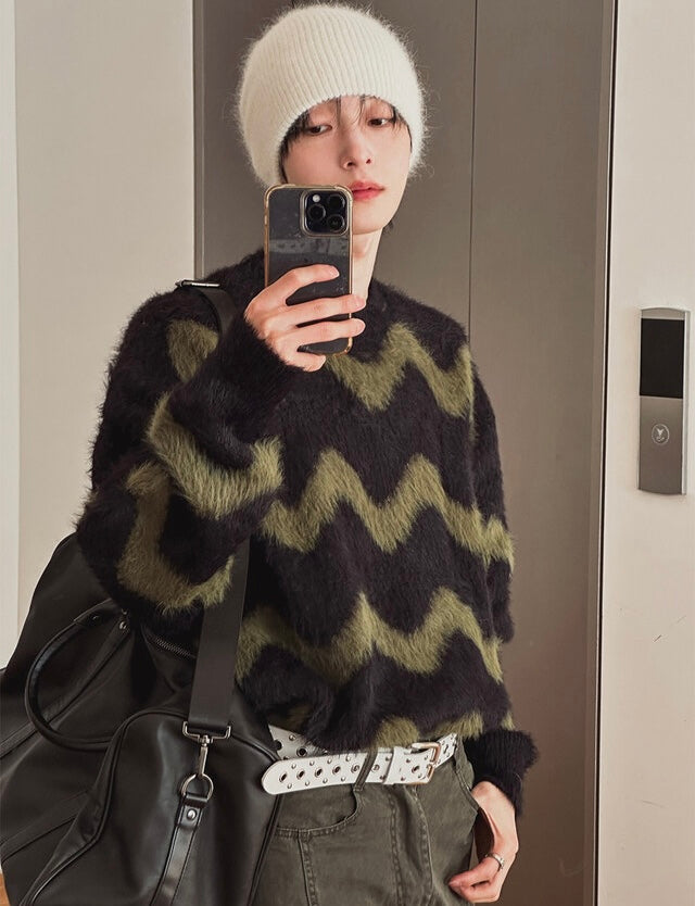 毛絮感！波浪紋寬鬆針織衫｜4色入