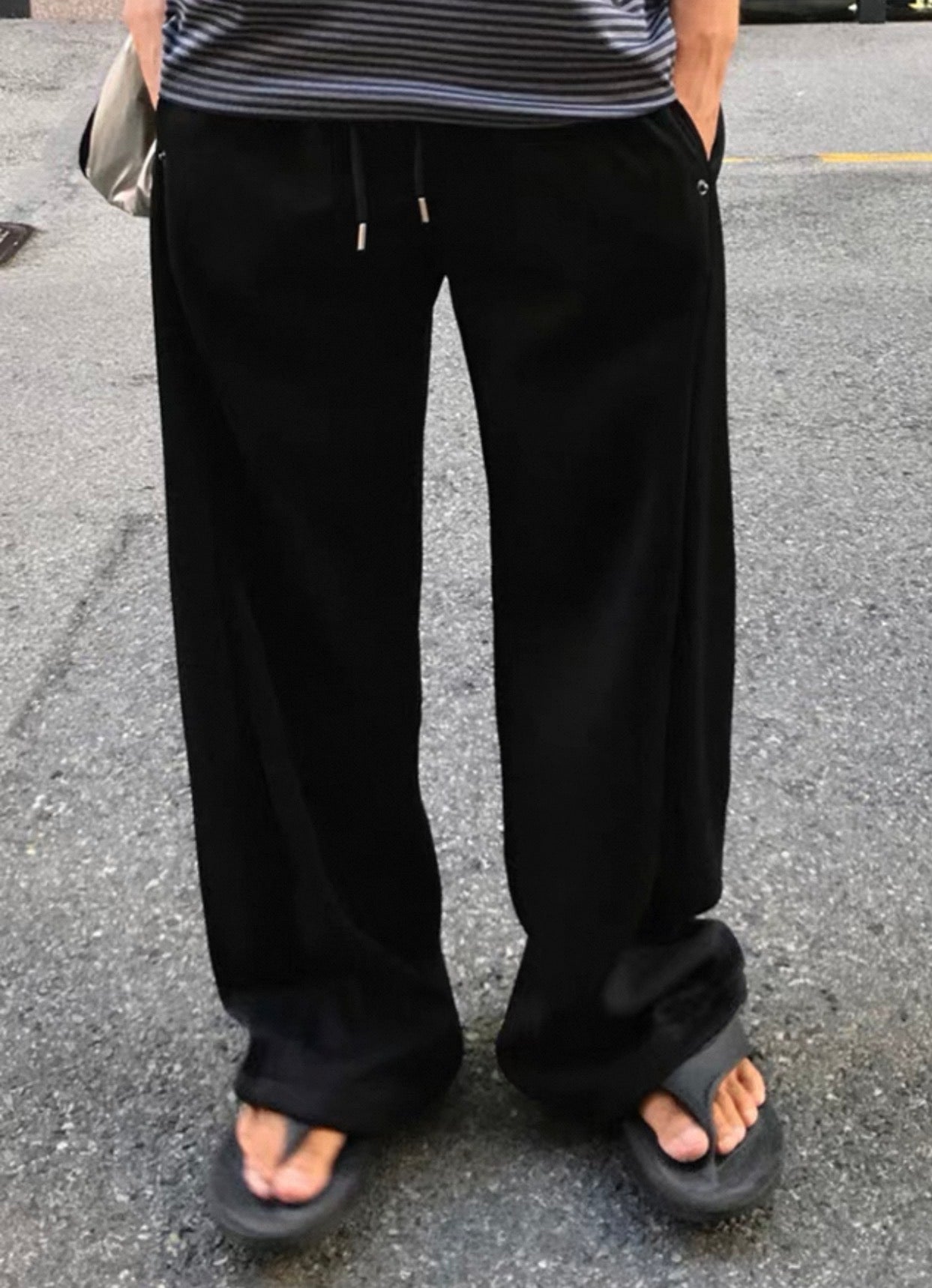 弧形拼接鈕扣闊腳棉褲