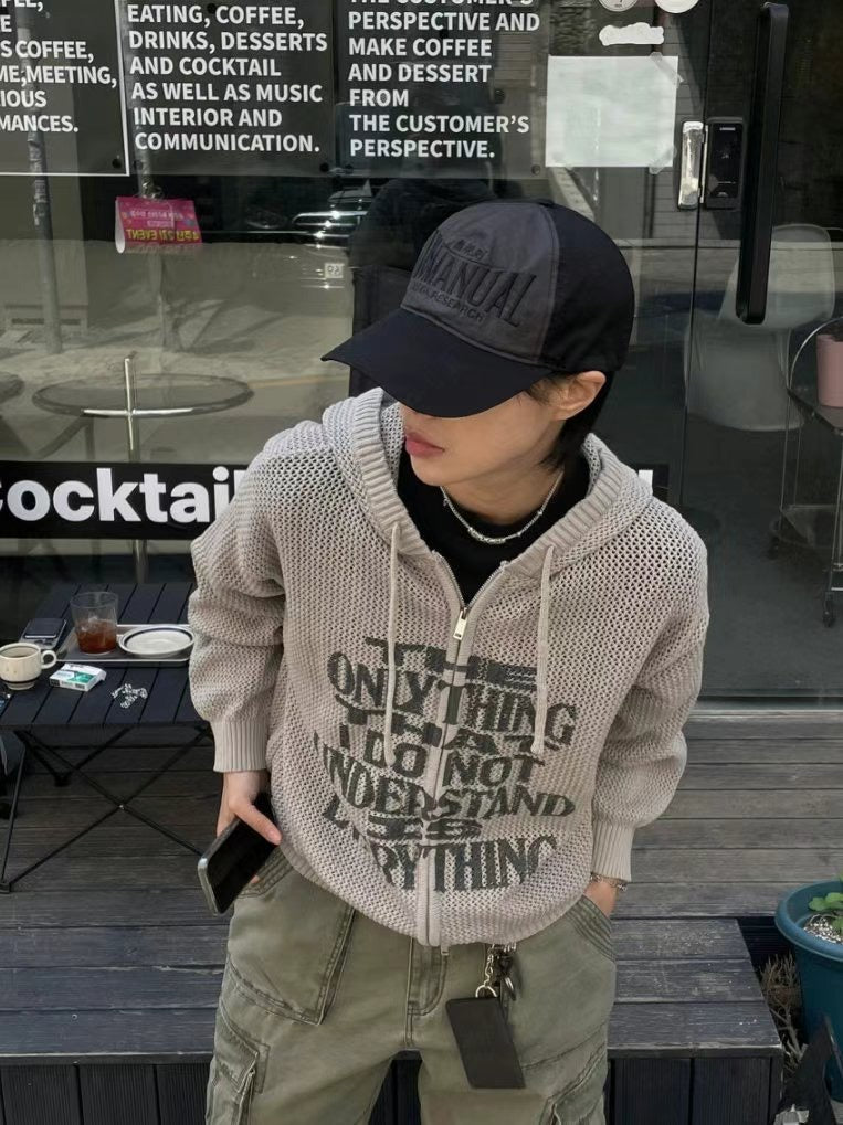 復古印花針織透視拉鍊外套
