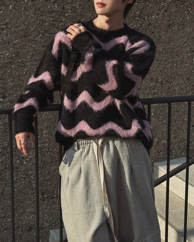 毛絮感！波浪紋寬鬆針織衫｜4色入