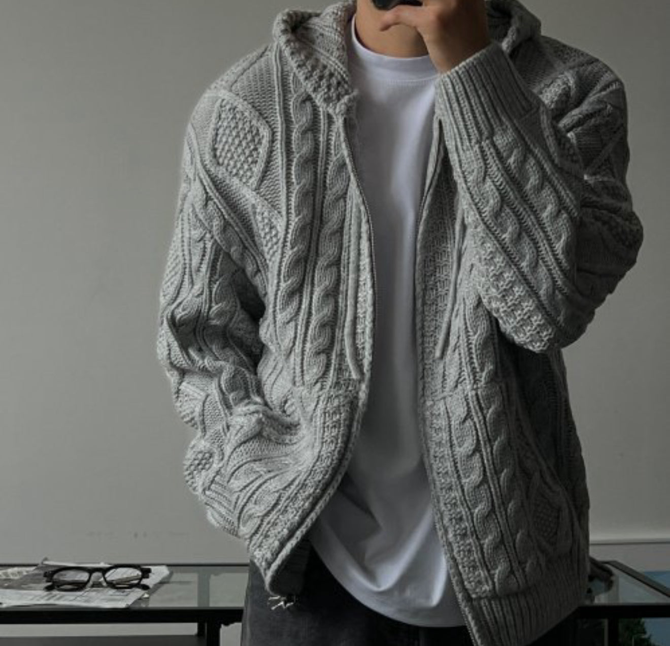 [軟糯手感] 扭紋連帽針織拉鍊外套