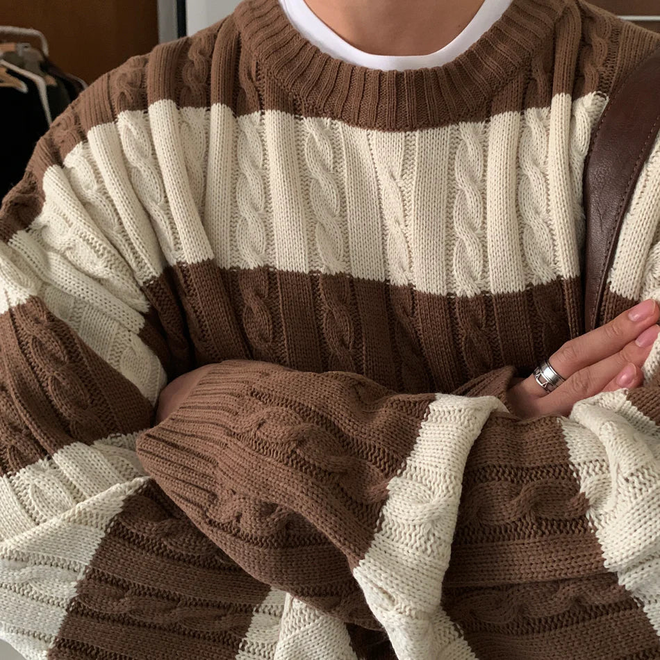 麻花紋拼色間條針織衫