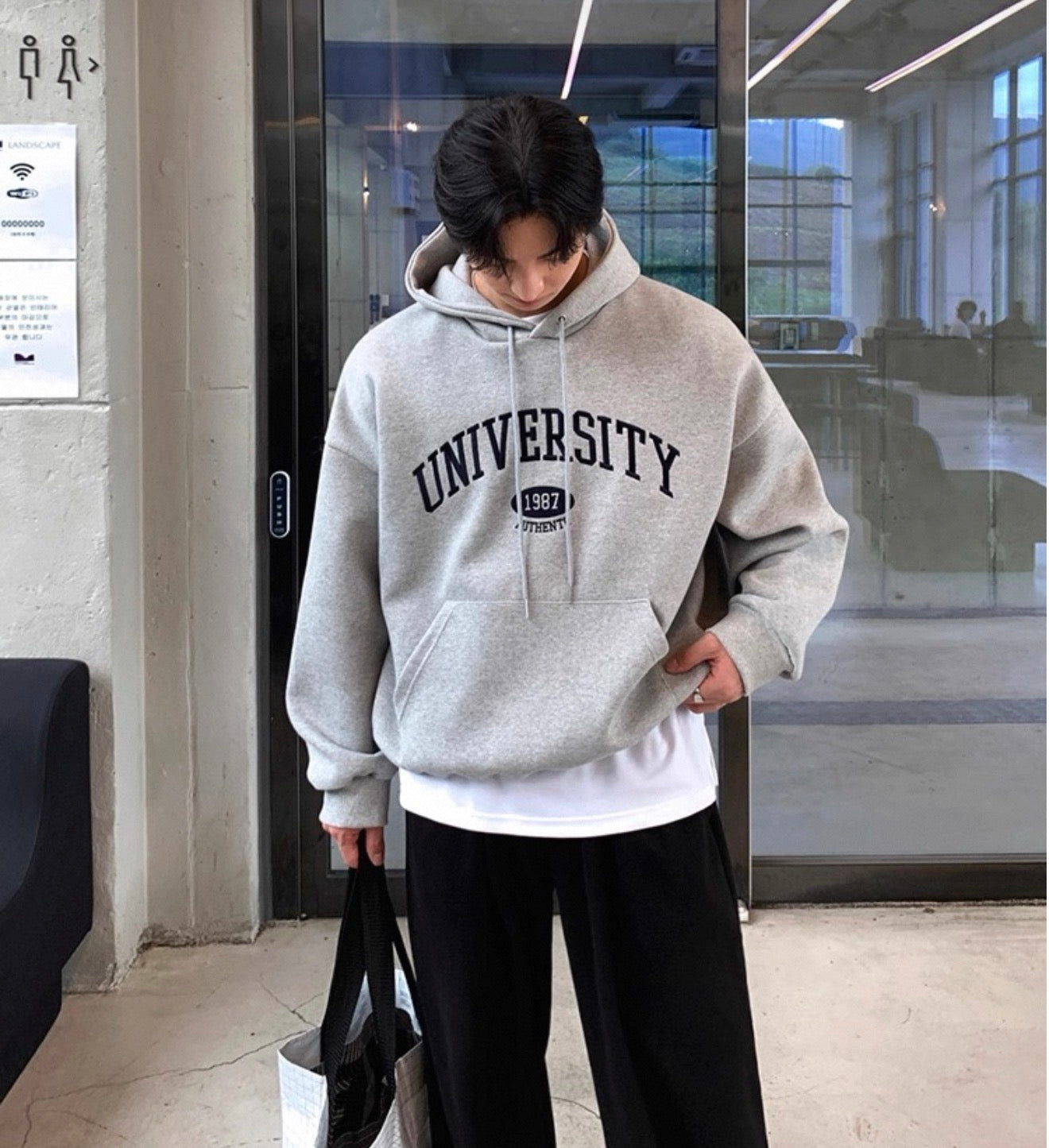 [重磅純棉]University 刺繡連帽衛衣-GREY