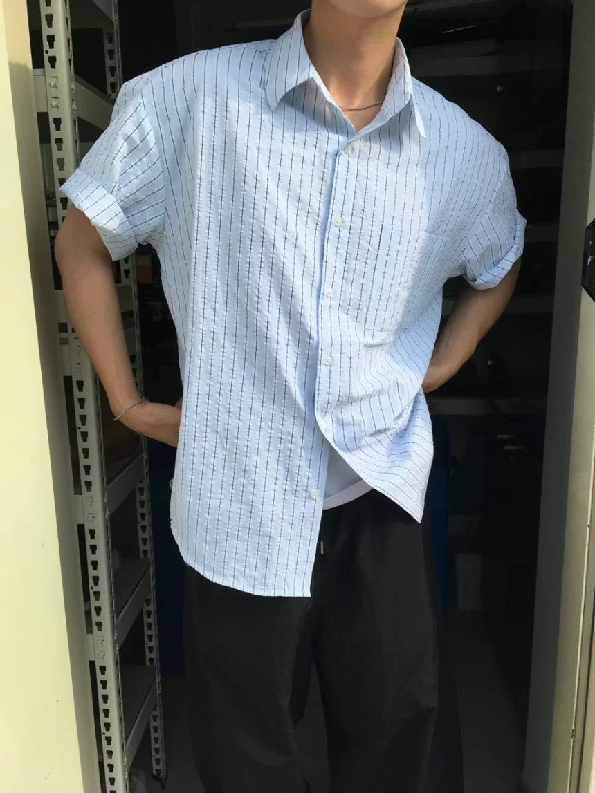 輕薄質地! 冰藍清爽細條紋襯衫
