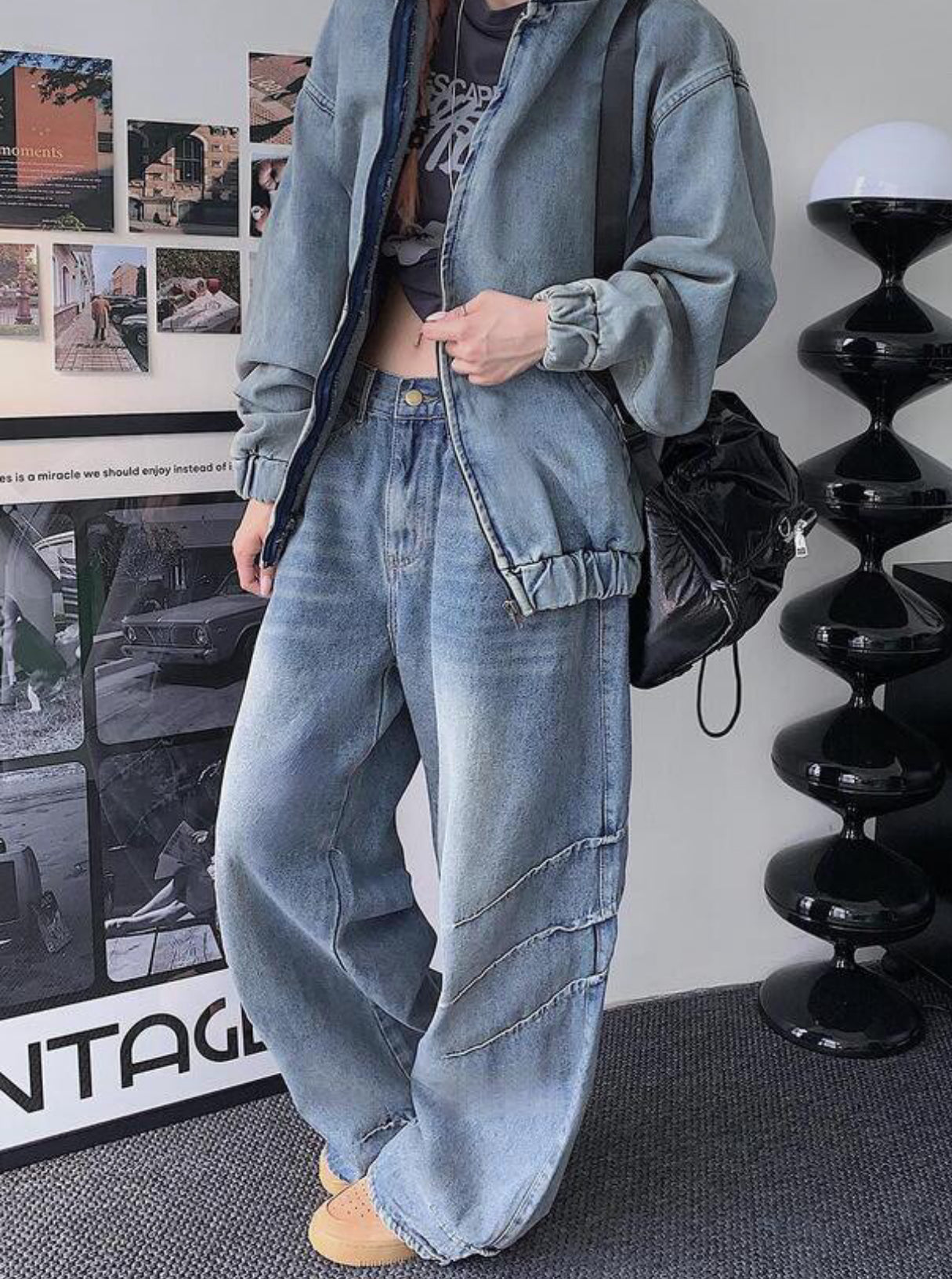 爪紋闊身Barrel Jeans