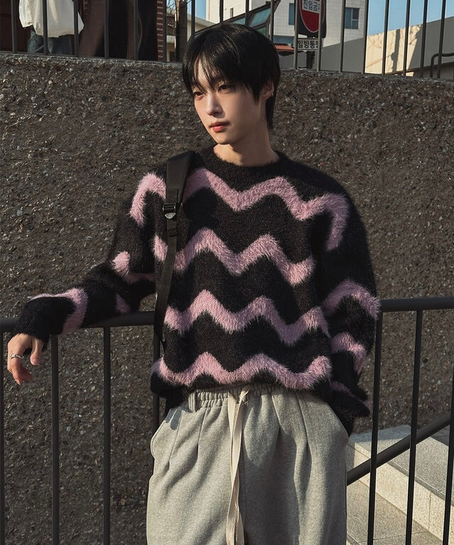 毛絮感！波浪紋寬鬆針織衫｜4色入