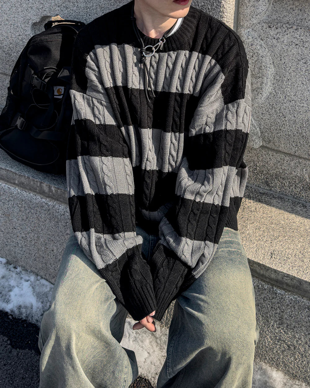 麻花紋拼色間條針織衫