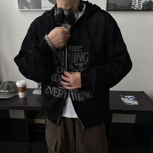 復古印花針織透視拉鍊外套