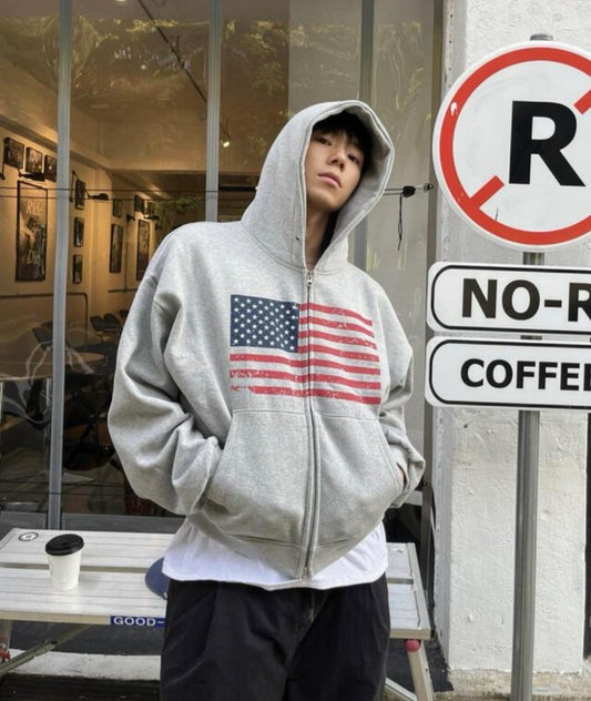 短版美國國旗印花雙頭拉鏈外套