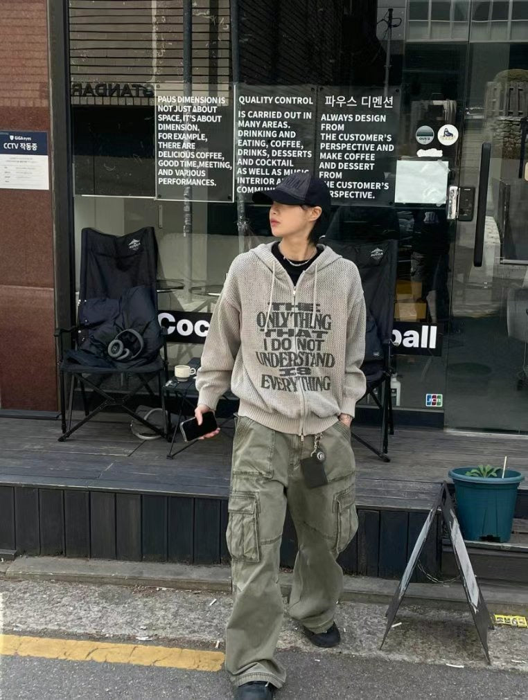 復古印花針織透視拉鍊外套