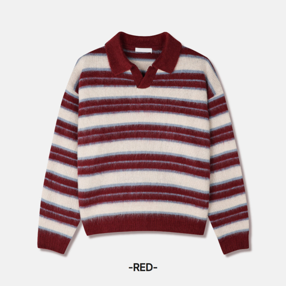 刷毛橫間翻領針織衫｜3色入