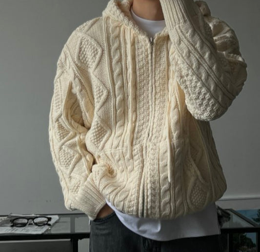 [軟糯手感] 扭紋連帽針織拉鍊外套