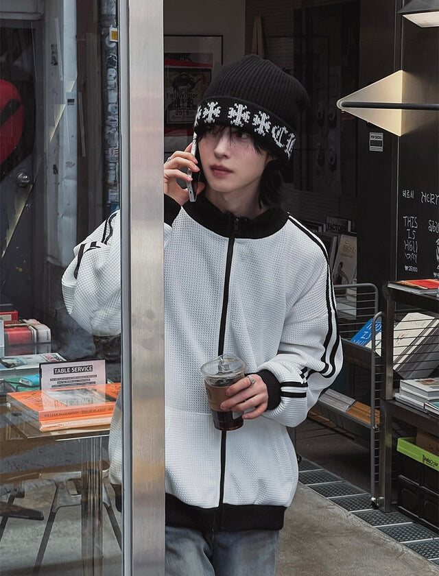 店主推薦! 撞色華夫格條紋外套｜2色入