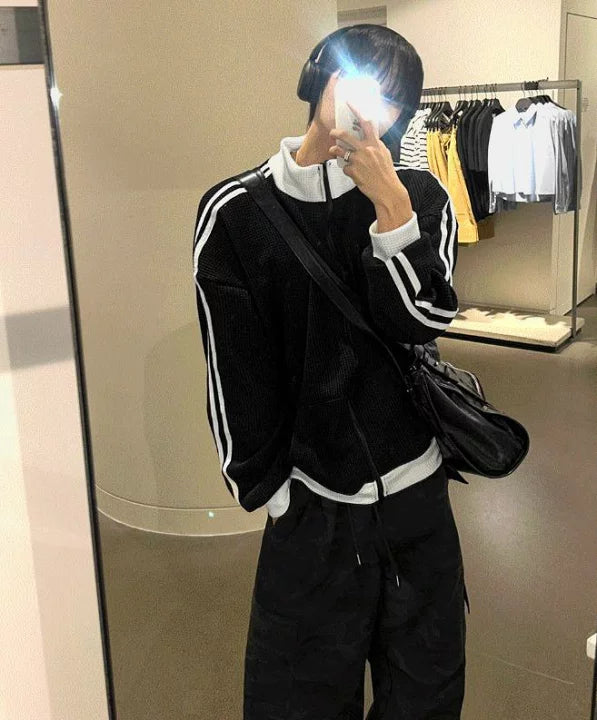 店主推薦! 撞色華夫格條紋外套｜2色入