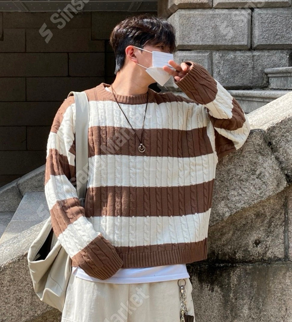 麻花紋拼色間條針織衫