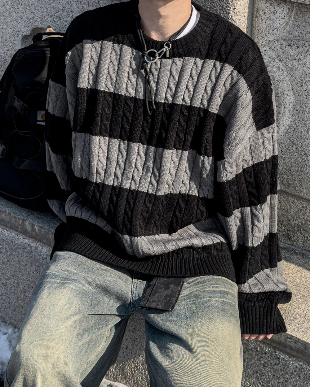 麻花紋拼色間條針織衫