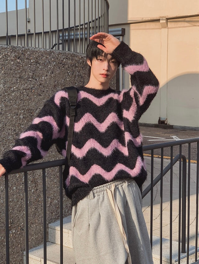 毛絮感！波浪紋寬鬆針織衫｜4色入