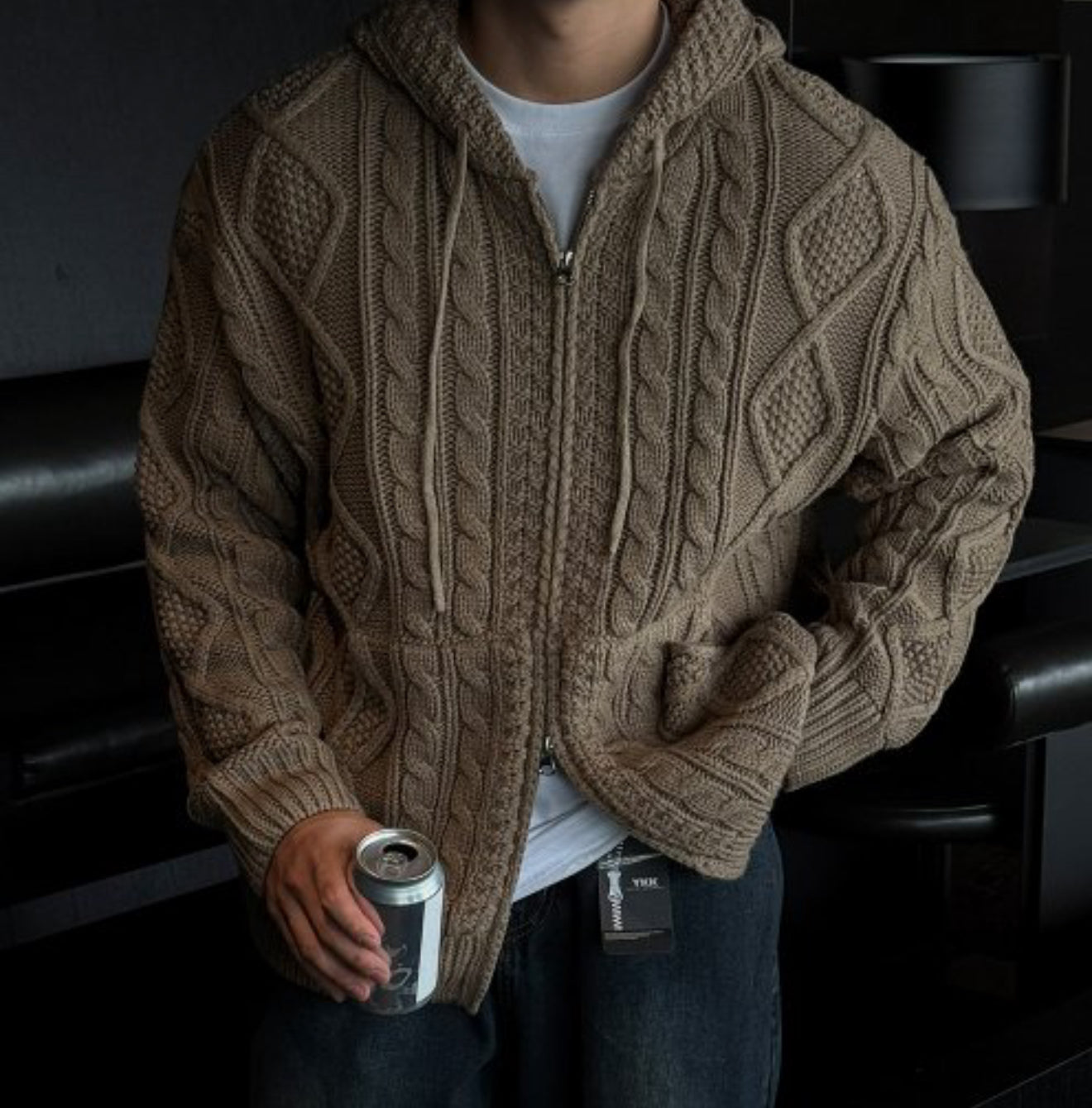 [軟糯手感] 扭紋連帽針織拉鍊外套